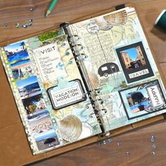 an open traveler's notebook with travel pictures on it