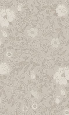 a floral wallpaper pattern with white flowers on grey and beige background, suitable for use in interior or exterior design