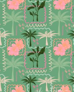 a green background with pink flowers and palm trees