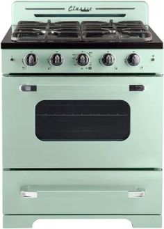 a green stove with two burners and one oven door is shown in front of a white background