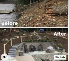 before and after pictures of a backyard landscaping project in the process of being completed by piclab