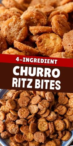 four ingredient churro ritz bites on a plate with the words, 4 ingredient churro ritz bites