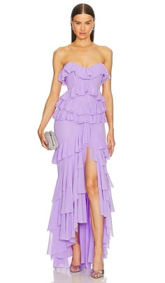 Michael Costello x REVOLVE Oleksandra Gown in Lilac from Revolve.com Sisterhood Dresses Rush, Purple Dresses Bridesmaid, Preppy Prom Dress, Lilac Long Dress, Lavender Purple Dress, Purple Ruffle Dress, Purple Long Dress, Madison Wedding, Purple Gowns