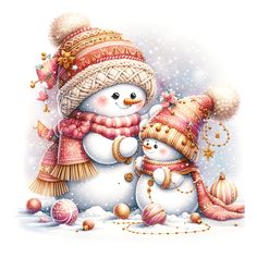 two snowmen are standing next to each other in the snow with hats and scarves