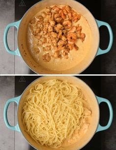 two pictures showing the same pasta in different pans