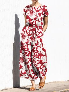 Plant Print Elastic Waist Pocket Short Sleeve Casual Jumpsuit Casual Short Sleeve Jumpsuits And Rompers For Spring, Red Floral Print Short Sleeve Jumpsuits And Rompers, Spring Jumpsuits And Rompers With Pockets For Day Out, Spring Vacation Jumpsuits And Rompers With Pockets, Casual Short Sleeve Jumpsuits And Rompers With Pockets, Casual Short Sleeve Jumpsuits And Rompers, Casual Jumpsuits And Rompers With Pockets, Casual Short Sleeve Jumpsuits And Rompers For Vacation, Short Sleeve Jumpsuits And Rompers With Pockets For Beach