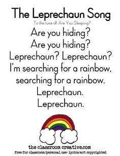 the leprechaun song is shown in black and white with rainbows on it