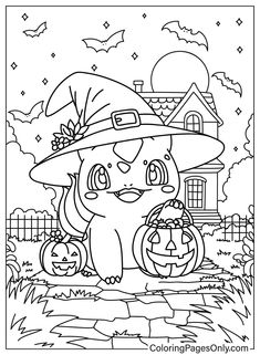 a coloring page for halloween with a cat and pumpkins