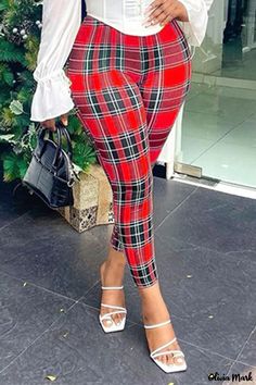 Olivia Mark - Elegant High-Waisted Plaid Trousers for Women in Regal Purple Purple Fashion Casual, High Waist Trousers, Plaid Trousers, Printed Trousers, Red Tartan, Yellow Plaid, Elastic Waist Pants, Yellow Fashion, Casual Trousers