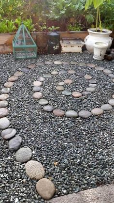 a garden area with rocks and plants in the center, including a potted plant