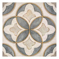 an artistic tile design in grey, white and gold colors with circles on the floor