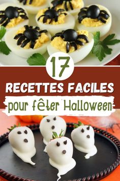 devil's eggs decorated with white chocolate and spooky eyes are the perfect halloween treat