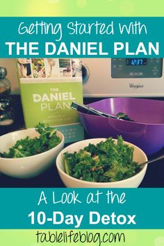 a bowl full of greens next to a book on the stove with text overlay reading getting started with the daniel plan