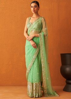 Sea Green Sequinned Net Saree Set Angad Singh - Fabilicious Fashion Green Net Saree, Saree Net, Blue Sari, Blouses Designs, Net Embroidery, Cotton Saree Designs, Crystal Embroidery, Mahira Khan, Eternal Beauty