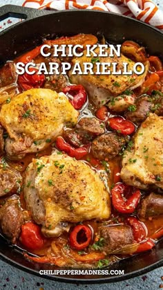 Chicken Scarpariello in a skillet. Crispy Skin Chicken, Italian Dinner Recipes, Hot Italian Sausage, Chicken Main Dishes