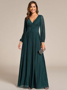 Glittery Empire Waist Long Lantern Sleeves A-Line Evening Dress #color_Teal Fancy Cocktail Party, Graduation Dresses Long, Lavish Wedding, A Line Evening Dress, 파티 드레스, Evening Gown Dresses, Long Sleeve Evening Dresses, فستان سهرة, Affordable Dresses