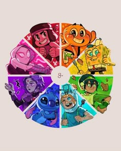 an image of cartoon characters on a color wheel