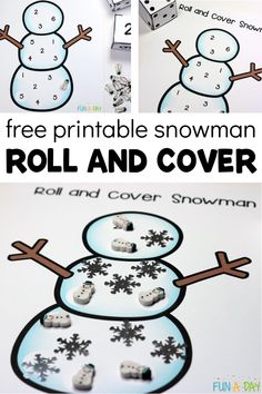 the printable snowman roll and cover game is shown with dices on it