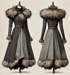 Medevil Winter Clothes, Norse Mythology Clothing, Midevil Winter Dress, Medieval Winter Dress, Dnd Winter Clothes, Skyrim Outfits, Nordic Costume, Viking Gown, Warrior Outfits Female