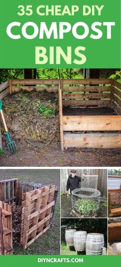 several different types of composting bins with text overlay that reads 35 cheap diy compost bins