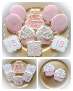 some pink and white decorated cookies on a gold platter with balloons in the background