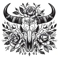 a bull's skull with roses and leaves on the horns is shown in this tattoo design