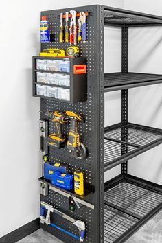 a metal shelving unit with tools on it