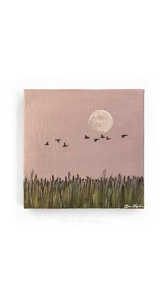 Mini acrylic painting by Brie Hayden showing geese flying over a field with a full moon in a pink sky Pink Simple Painting, Canvas Paint Ideas Easy, Small Painting Inspiration, Small Art Work, Small Mini Canvas Paintings, Small Cute Painting Ideas, Paint Ideas Easy Simple, Simple Art To Paint, Aesthetic Beige Painting