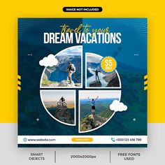 a flyer for a travel company with three photos and the words dream vacations on it