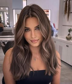 Airtouch Hair Brunette, Brown Hair Airtouch, Dimensional Brunette Curtain Bangs, Brown Hair Summer 2024, Latte Brunette No Bleach, Bombshell Hair, Dark Blonde Hair Color, Wine Hair, Brown Hair Looks