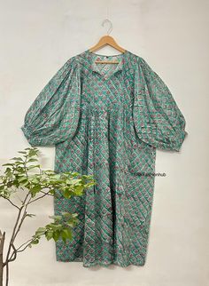 Indian Hand Block Printed Cotton Dress, Beautiful Dress, Comfortable Maxi Dress, Bohemian Dress, Hippie Dress, Floral Animal Bird Print Dress, Vintage Gown Dress, Unique Women Dress, Women Wear Stylish Summer Dress, Evening Dress, Comfortable Dress,  Indian Artisan Dress, Handmade Dress, Traditional Dress, Vegetable Dye, Natural Dye, Wooden Dye, Mini Midi Dress, Easy Wear Dress, Soft Cotton Dress, Gifts For Her Wearing This Hand Block Print Beautiful Dress, Which is Made Of Soft Pure Cotton Gauze Will Make You Feel Gorgeous All Day Long Fabric Drapes So Elegantly Making it Ideal For Dates, Travel, Lunch, Brunch Outings, Cocktail, Parties, Date Nights, Or Beach Vacations Dress, Material- 100% Cotton This is Pure Organic Hand Block Print Cotton Fabric Measurement Bust Size in Inch :- XS Bust Bohemian Patterned Dresses With Printed Motifs, Casual Long Sleeve Dress With Ikat Print, Casual Long Sleeve Ikat Print Dress, Traditional Long Sleeve Dress With Ikat Print, Traditional Long Sleeve Ikat Print Dress, Traditional Multicolor Dresses With Boho Print, Traditional Ikat Print Tunic Dress, Traditional Patterned Dress With Boho Print, Festive Patterned Printed Dress