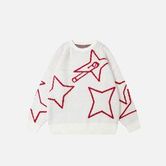 Front view of the white Shuriken Stars Loose Sweater in a gray background Gothic Crop Tops, Underground Clothing, The 90s Fashion, Hip Hop Fashion 90s, Outfit Pieces, 90s Hip Hop Fashion, Stars Design, Streetwear Essentials, Korean Streetwear