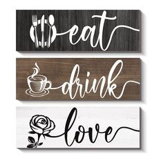 PRICES MAY VARY. 【Kitchen Signs Wall Decor】 rustic kitchen decor, cute farmhouse wall decor, great for dining room, restaurant, living room, bar coffee corner Decoration. 【Premium Materials】This Kitchen wall decor sign is made of wood, light wight but strong, the printing is very clear and highly restored colors on wood. The rustic kitchen sign can be decorated for a long time. 【Perfect Size】Each Wooden sign measures 13.7" x 4.7" x 0.3", 3 panles in total. Perfect size for catching your eyes whi Kitchen Words Decor, Kitchen Sign Ideas, Kitchen Signs Diy, Kitchen Sign Diy, Dinning Room Wall Art, Kitchen Decor Frames, Kitchen Wall Decor Ideas, Kitchen Wall Art Set, Kitchen Plaques