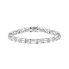 She'll be excited to wear this stunning tennis bracelet with her evening attire. Created in sterling silver, this choice showcases a row of 6.0 x 4.0mm baguette-cut lab-created shimmering white sapphires. Polished to a bright shine, this 7.25-inch bracelet secures with a tongue and groove clasp. Sapphire Tennis Bracelet, Diamond Bar Necklace, Curb Chain Necklace, Diamond Bar, Baguette Cut Diamond, Tongue And Groove, Shiny Things, Sapphire Stone, Bracelet Clasps