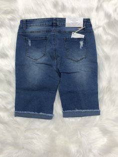 Denim bermuda shorts in a fitted style, with a button/zipper closure, pockets, ripped legs, and frayed cuffed hem Denims For Women, Fitted Style, A Button, Bermuda Shorts, Denim Shorts, Mens Short, Womens Shorts, Zipper, For Women