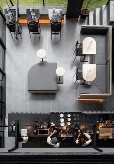 an overhead view of a restaurant with tables and chairs