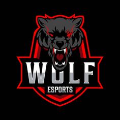 the wolf logo on a black background with red and white lettering that reads wolf esportss