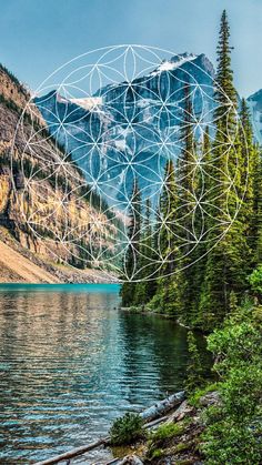 an image of a mountain lake with trees and mountains in the background, surrounded by circles