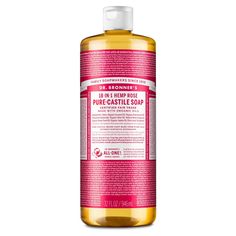 Dr. Bronner's Rose Pure-Castile Liquid Soap! Floral and fresh, with a hint of sweetness. Dr. Bronner's Pure-Castile Liquid Soaps are concentrated, readily biodegradable, versatile and effective. With 18-in-1 uses, these soaps are perfect for your face, body, and hair, but can also be used for rinsing fruit & veggies, cleaning dishes, mopping, and doing laundry. No synthetic preservatives, detergents, or foaming agents – none! Never tested on animals and completely cruelty-free. Made with organic Dr Bronners, Recycled Bottle, Liquid Soap, Fair Trade, Soap