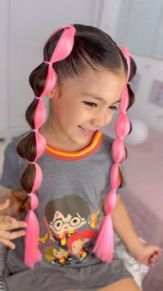 Candy Land Hair Ideas, Neon Hairstyles, Colorful Elastic Hairstyles, Barbie Hairstyles For Kids, Braided Pink Hair Hairstyles, Rainbow Hair Ponytail, Crazy Hair Styles, Candy Hairstyles, Hair Ideas For Kids