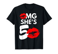 a black t - shirt with the number five on it that says, omg she's 5