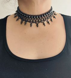 Black Hand Made Gothic Choker Necklace. Goth Beaded Choker - Etsy Ukraine Black Beaded Choker, Gothic Beaded Necklace, Choker Patterns, Diy Choker Necklace, Gothic Choker Necklace, Beaded Chocker, Choker Necklace Black, Necklace Tattoo, Gothic Choker