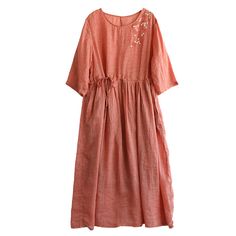 Details: Item Type: Dress Main Material: Linen Season: Spring, Summer, Autumn Style: Leisure, Daily Pattern Type: Floral Embroidery Waist Type: Loose Fit Type: Loose fit/ Pullover Color: Orange, Purple, Khaki Size: One Size Length: 120.00 cm/ 47.24 " Bust: 114.00 cm/ 44.88 " Shoulder: 43.00 cm/ 16.93 " Sleeve: 39.00 cm/ 15.35 " Cuff: 32.00 cm/ 12.60 " Hem: 200.00 cm/ 78.74 "