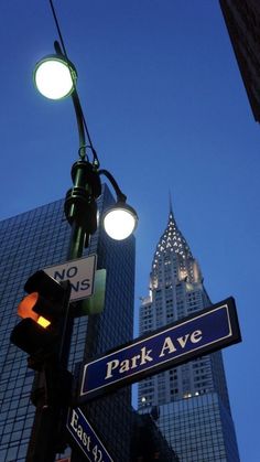 street signs and traffic lights in front of skyscrapers at dusk, new york city