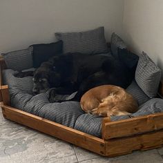 two dogs laying on top of a dog bed