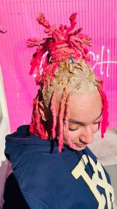 Multicolor Locs Black Women, Pink And Blonde Dreads Black Women, Strawberry Shortcake Locs, Valentines Loc Styles, Red And Blonde Hair Color Locs, Pink And Blonde Locs Black Women, Locs Dyed In The Back, Honey Blonde And Pink Locs, Dyed Roots On Locs