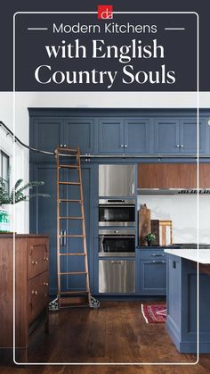 modern kitchen with english country souls and blue painted cabinets, wood flooring, stainless steel appliances