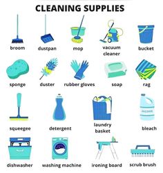 a poster with cleaning supplies on it and the words cleaning supplies written in different languages