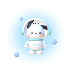 a cute little dog in an astronaut suit with headphones on and stars around it