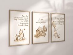 Capture the timeless wonder of the Hundred Acre Wood with these classic Winnie-the-Pooh art prints! Featuring vintage-inspired illustrations of Pooh and his friends, this piece is perfect for adding a touch of whimsy and nostalgia to your nursery decor. Ideal for any little one's room, this print celebrates the simple joys of friendship and imagination. Set of 3 Classic Winnie-the-Pooh Nursery art prints, Gender Neutral Nursery, Winnie-the-Pooh inspirational quotes, new baby gift, boy nursery PLEASE READ FULL DESCRIPTION BEFORE PURCHASING Product description: * You will receive 3 vibrant, premium prints. PAPER STOCK: All prints are printed on a premium, archival fine art stock. Frames are NOT included. WRAPPED CANVAS: Luxurious 100% cotton canvas fabric with closed backing. 1.25" depth. No Disney Themed Nursery Neutral, Pastel Winnie The Pooh Nursery, Classic Pooh Bear Nursery, Old School Winnie The Pooh Nursery, Old Winnie The Pooh Nursery, Subtle Disney Nursery Ideas, Winnie The Pooh Toddler Room, Baby Boy Nursery Winnie The Pooh